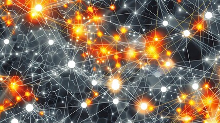 An abstract depiction of neon orange and yellow dots connected by white glowing lines over a dark grey canvas forming an expansive plexus pattern with a focused area for text in the lower left