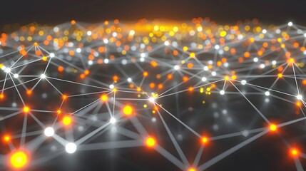 An abstract depiction of neon orange and yellow dots connected by white glowing lines over a dark grey canvas forming an expansive plexus pattern with a focused area for text in the lower left