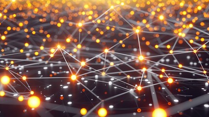 An abstract depiction of neon orange and yellow dots connected by white glowing lines over a dark grey canvas forming an expansive plexus pattern with a focused area for text in the lower left