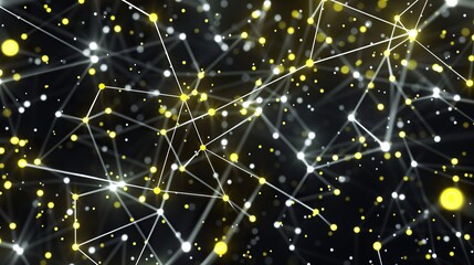 An abstract depiction of neon yellow dots linked by white glowing lines over a deep black canvas forming an expansive plexus pattern with a clear area for adding text