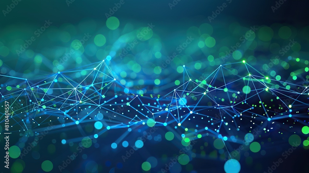 Poster an abstract network of blue and green dots connected by neon lines on a dark teal canvas creating a 