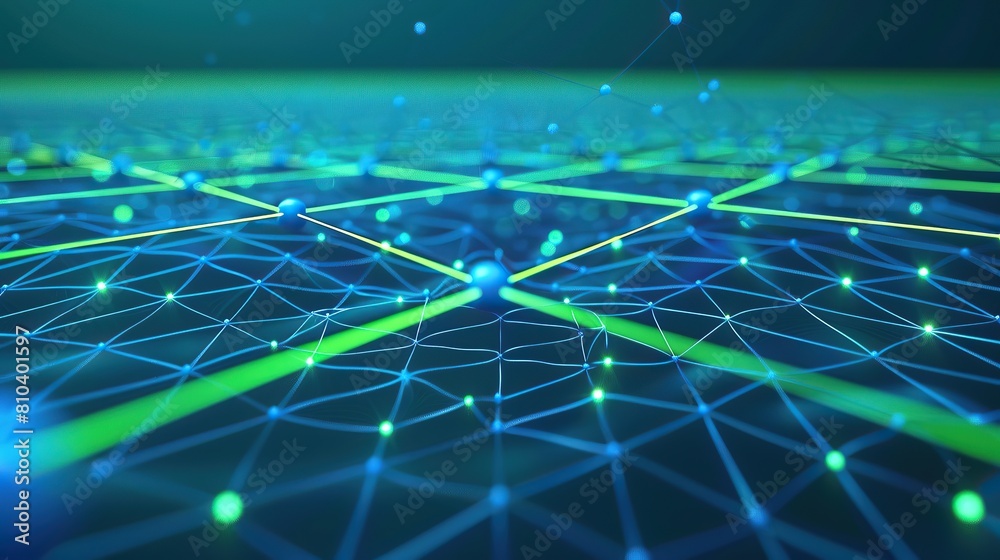 Poster an abstract network of blue and green dots connected by neon lines on a dark teal canvas creating a 