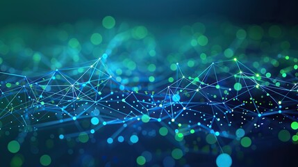 An abstract network of blue and green dots connected by neon lines on a dark teal canvas creating a calming yet intricate plexus effect with ample space for text along the bottom