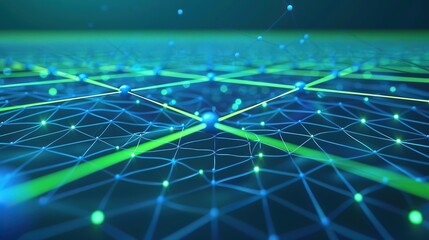 An abstract network of blue and green dots connected by neon lines on a dark teal canvas creating a calming yet intricate plexus effect with ample space for text along the bottom