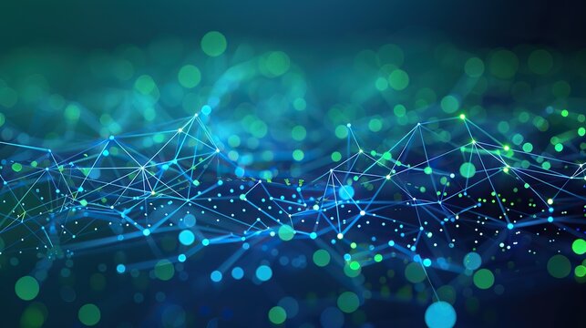 An abstract network of blue and green dots connected by neon lines on a dark teal canvas creating a calming yet intricate plexus effect with ample space for text along the bottom