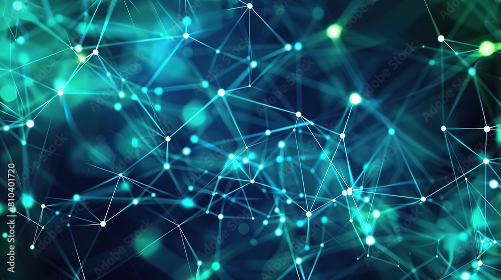 Poster An abstract network of blue and green dots connected by neon lines on a dark teal canvas creating a calming yet intricate plexus effect with ample space for text along the bottom