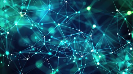An abstract network of blue and green dots connected by neon lines on a dark teal canvas creating a calming yet intricate plexus effect with ample space for text along the bottom