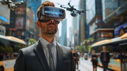 Future Commute: Businessman in VR on Eco-Tech City Street