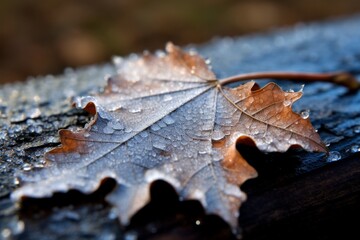 Frozen autumn leaf with water droplets