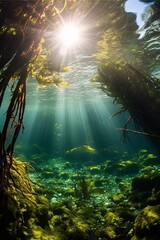 Obraz premium Underwater paradise with sunlight streaming through lush foliage