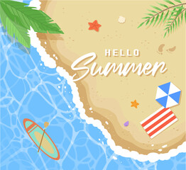 Hello summer beach illustration, greeting, poster, banner