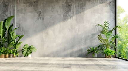 Blank concrete wall in modern empty room with tropical plant garden . Generative Ai