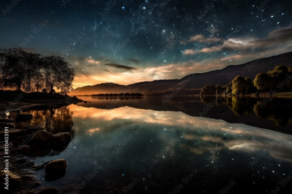 Canvas Prints Serene mountain lake at night with starry sky reflection