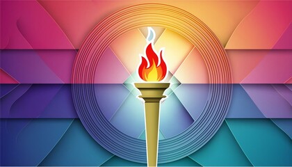 glowing olympic torch against a gradient of victory colors, in paper cut style