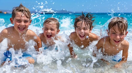 Four joyful young boys having fun and splashing water while playing in the ocean under a clear blue sky