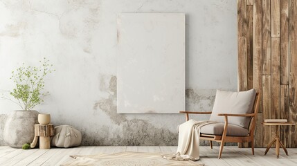 Canvas mockup in minimalist interior background with armchair and rustic decor. Generative Ai