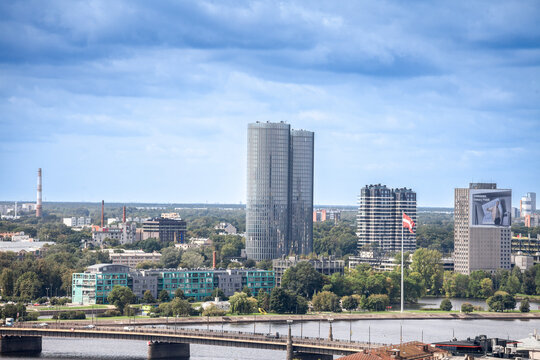 RIGA, LATVIA - AUGUST 22, 2023: Panorama of riga business district CBD, Kipsala, and the middle of a skyline of office buildings, high rise towers of skyscrapers. Riga is a baltic economic hub.