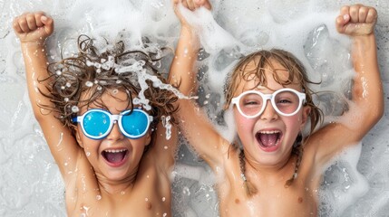 Two joyful children wearing goggles laugh while lying back in a bubble bath, creating a moment of pure youthful happiness and playfulness - Powered by Adobe