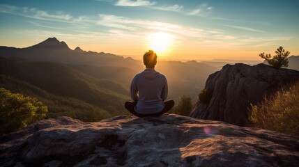 person meditating on mountain overlooking sunset landscape