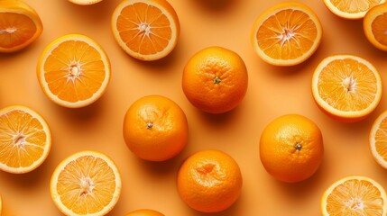 Vibrant overhead shot of whole and sliced oranges, arranged in a unique pattern on a bright light orange background, isolated and tiled