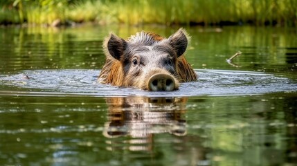 wild boar swimming in green pond