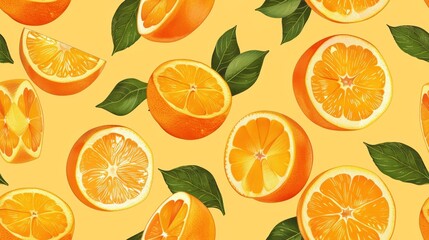 Vibrant orange slices and whole oranges, arranged in a fun repeating tile pattern, set against a bright yellow pastel background