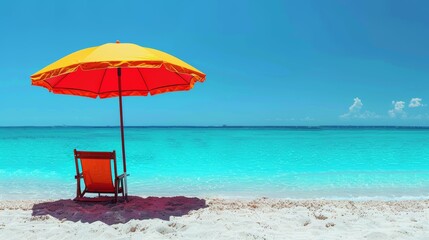 A vivid red beach umbrella and matching chair placed on a pristine sandy beach overlooking a clear turquoise ocean under a bright blue sky