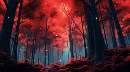Enchanting red forest landscape with glowing trees and falling snow