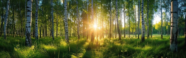 Birch Trees in Sunlit Forest: Summer Sprig Nature Landscape at Sunset - Wide Panoramic Banner