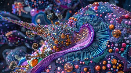 Obraz premium Vibrant, high-resolution illustration of a human liver, showcasing microscopic structures like sinusoids and bile canaliculi, cutaway view