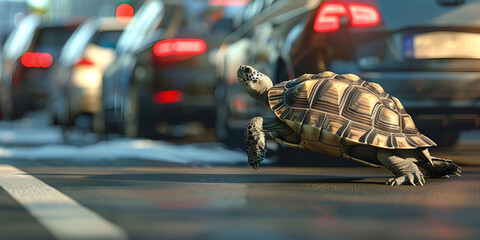 Turtle running extremely fast on busy city street side - obrazy, fototapety, plakaty