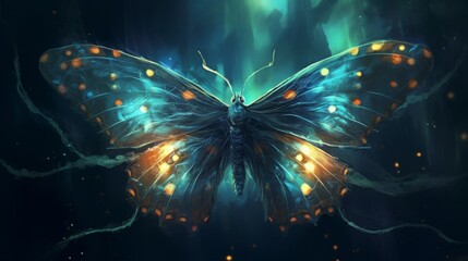 Ethereal butterfly with glowing wings in a mystical environment