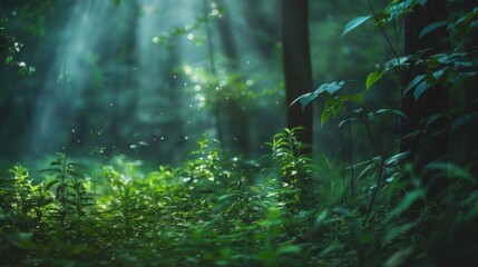 Fototapeta premium Mystical Morning in a Dense Forest with Sunbeams Peering Through the Mist, Illuminating the Verdant Undergrowth and Glistening Dew Drops