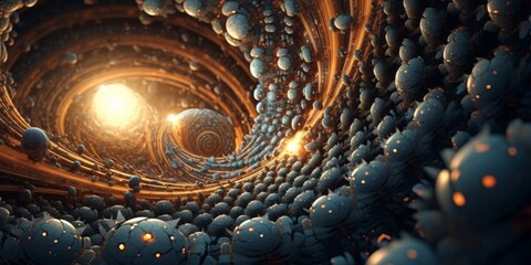 Obraz premium Surreal abstract cosmic landscape with glowing orbs and rays of light