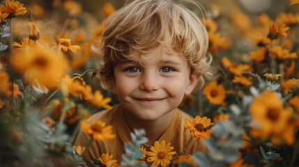 Fototapeta premium A young child with curly hair and a joyful smile, surrounded by vibrant orange flowers in a sunlit field, depicting the essence of youthful innocence and the beauty of nature