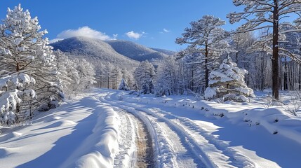 Snow-covered landscape featuring a narrow road with tire tracks winding through a dense pine forest on a clear, sunny winter day