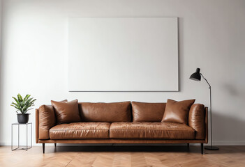 blank poster frame mockup in living room wall with brown sofa