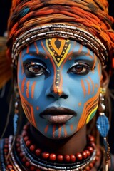 Vibrant tribal face painting and jewelry