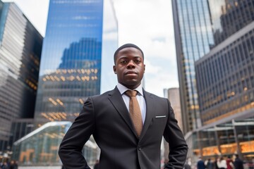 confident businessman in suit standing in front of skyscrapers
