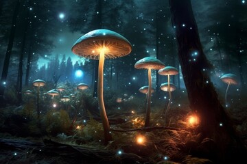 Enchanted forest with glowing mushrooms and fireflies
