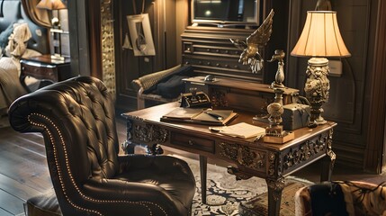 vintage writing desk with intricate carvings serves as a decorative accent in the room