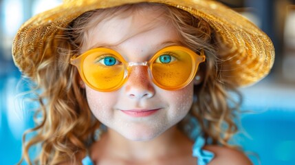Portrait of a young girl with curly hair wearing a sunhat and yellow sunglasses, displaying a cheerful expression