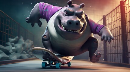 A skateboarding hippo is a fun and exciting image that can be used to promote a variety of products or services