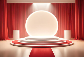 white stage podium with red carpet and curtain