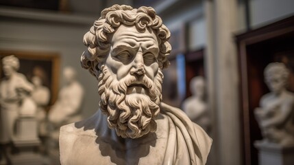 Detailed stone sculpture of a bearded man with curly hair