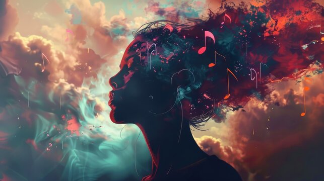 face human and music notes with abstract imagine background