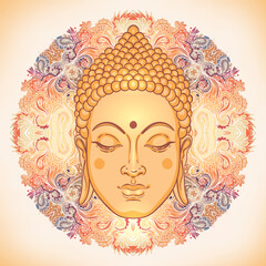 Buddha face over ornate mandala round pattern. Esoteric vintage vector illustration. Indian, Buddhism, spiritual art. Hippie tattoo, spirituality, Thai god, yoga zen Coloring book pages for adults.