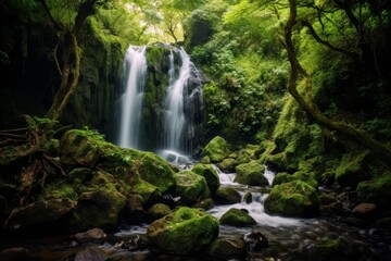 Lush green forest waterfall scene