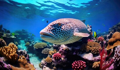 A large and colorful fish swims over a vibrant coral reef. AI.