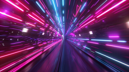 Neon lights traveling through the tunnel with highspeed.